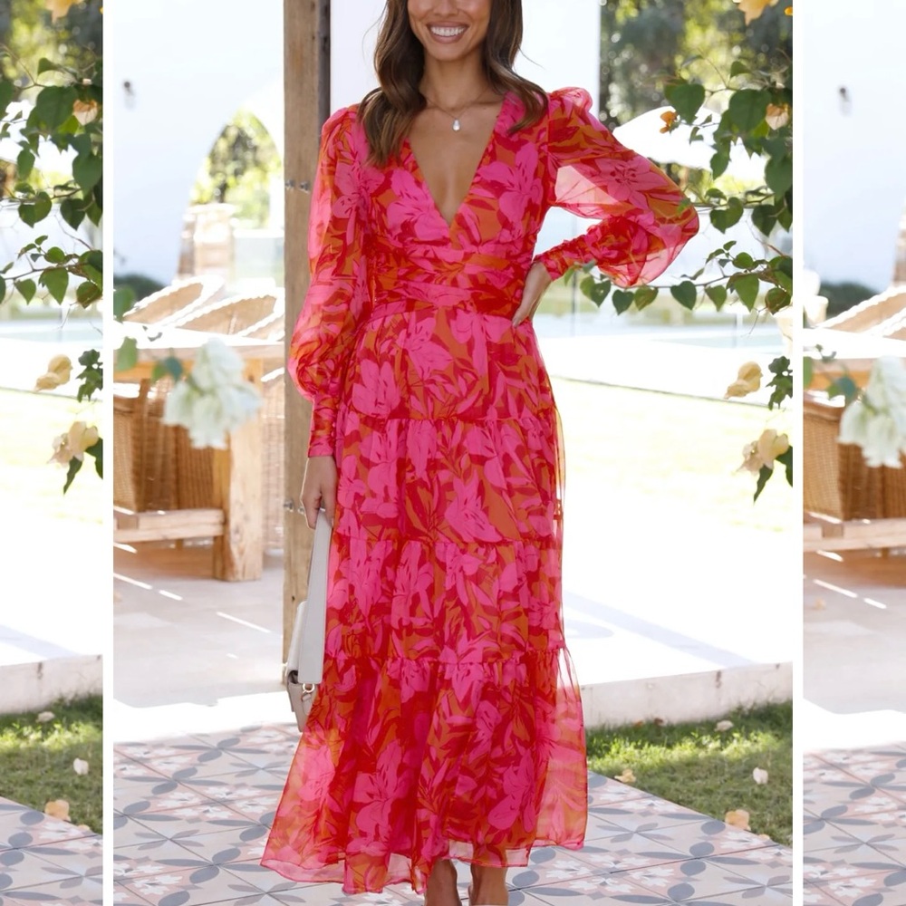 NWT Pearl & Sea Melissa Pink Orange Gauze Tiered Ruffle Maxi Dress Size 2